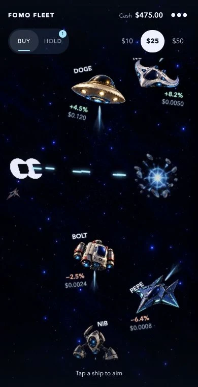 FOMO Fleet gameplay: a laser burst hits a spacecraft.